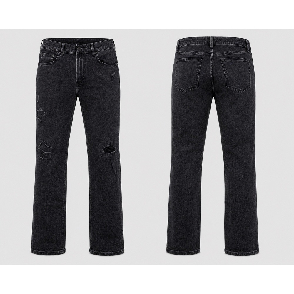 Uniqlo Jeans  SLIM STRAIGHT Leg Mens XXXX  BLACK Y2K Style FACTORY DISTRESSED